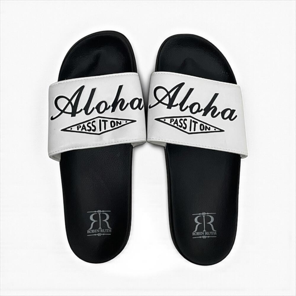Robin Ruth Aloha Pass It On Black & White Slip-On Slides Sandals